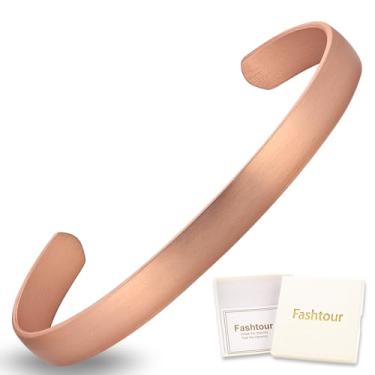 Imagem de Fashtour Conjunto de pulseira e anel de cobre puro – Pulseira de cobre para homens e mulheres – Pulseira 100% sólida, crua e sem revestimento feita à mão tibetana martelada (arco liso)