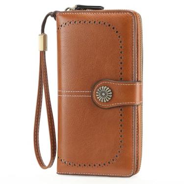 Imagem de BVEOGMRO Carteira feminina de couro para cartão de crédito com bloqueio de RFID, carteira de embreagem dobrável, A05 marrom claro