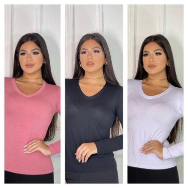 Imagem de Kit 3 gola v manga longa básica - GK TODA BELA, Preto, Branco, Rose, G