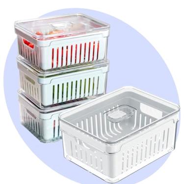 Imagem de Kit 4 Potes Herméticos Organizadores para Geladeira com Cesto – Frutas, Legumes e Carnes – Livre de BPA, Empilháveis, Laváveis na Lava-Louças | Tampa com Trava e Vedação de Borracha