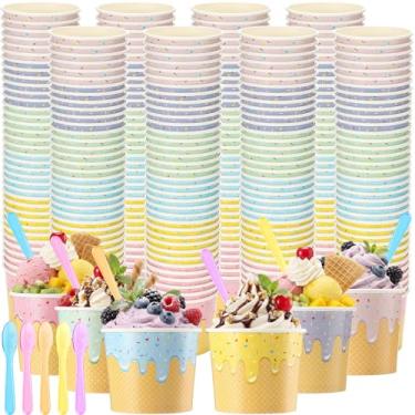Imagem de Jingmore 120 peças de copos de sorvete de papel a granel com colheres tigelas de sorvete descartáveis recipientes de papel para sobremesa lanche sopa iogurte suprimentos de festa de verão (113 g)