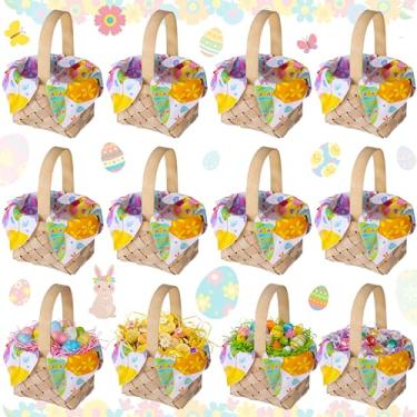 Imagem de Potchen 12 mini cestas de tecido com alças, mini cesta de piquenique de bambu com guardanapo de ovo de Páscoa e grama de ráfia para decoração de casa de fazenda de Páscoa, piquenique, casamento