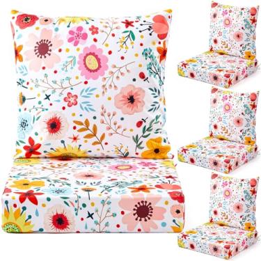 Imagem de Hoteam Conjunto de 4 almofadas de assento profundo à prova d'água para cadeira ao ar livre, 50 x 50 cm para conjunto de móveis de pátio, assento removível e encosto (flores em aquarela)