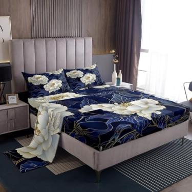 Imagem de jejeloiu Jogo de lençol Queen com flor azul marinho e branco, elegante, floral, romântico, 4 peças, 1 lençol com elástico + 2 fronhas + 1 lençol de cima