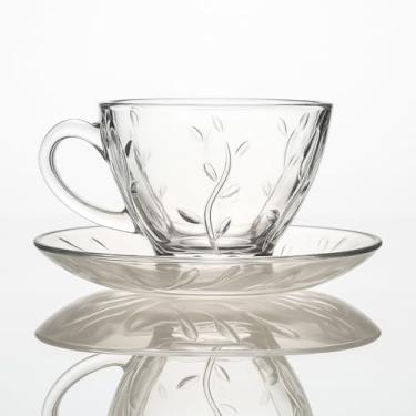 Imagem de Conjunto 12 Peças: 6 Xícaras + 6 Pires Petala 200ML - Cristal Vidro Transparente Decorada, Ideal para Chá e Café, Elegante para Residência (Lily)