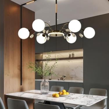 Imagem de Lustre moderno E27 estilo Sputnik, luminária grande para sala de estar com cúpula de vidro branco, design criativo e personalizado, luminária de teto de cristal para quarto, restaurante, caf