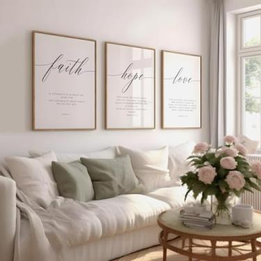 Imagem de 3 peças de arte em tela Faith Hope Love Pôster Cristão Verso da Bíblia Pintura de Parede Arte para Sala de Estar Dormitório Cristão Decoração Religiosa com Moldura Interna de Madeira