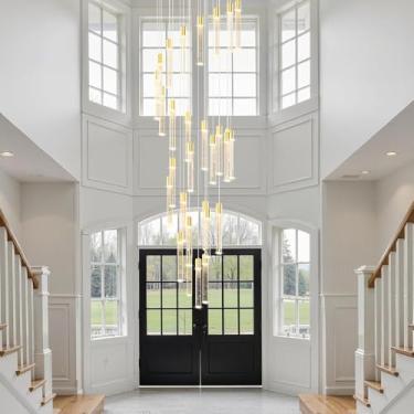 Imagem de Lustre de cristal grande em espiral com luminária pendente LED em formato de bolha de cristal K9, barra de luz longa, iluminação moderna para tetos altos, luminária redonda regulável para en