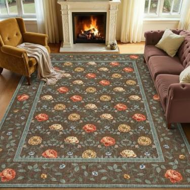 Imagem de GarveeHome Tapete de área 12 x 18 cm, lavável, marrom, boêmio, floral, vintage, antiderrapante, resistente a manchas, estampa botânica, tapete macio para quarto, sala de jantar, berçário