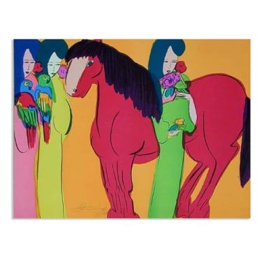 Imagem de SDYJ6GSW Walasse Ting Pintura em tela cavalo vermelho fundo laranja famosa reprodução de arte floral expressionismo abstrato impressão de arte decoração de parede para sala de jantar 50 x 40 cm (20 x