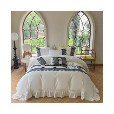 Imagem de x3anggyt5 Jogo de cama vintage chique com babados e laço pretos, capa de edredom de 4 peças (branco, tamanho casal 4 peças)