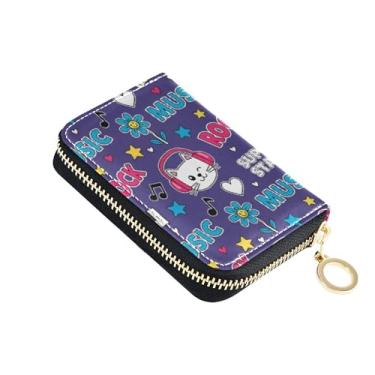 Imagem de Burbuja Porta-cartão de crédito com desenho animado de gato rock para mulheres e homens, bloqueio RFID, carteira de couro com zíper sanfonada, 11 compartimentos