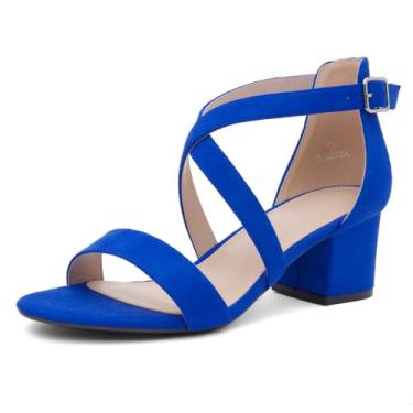 Imagem de Shoe Land SL-LESSA Sandália feminina de salto baixo, bico aberto, salto cruzado, tira no tornozelo, bloco grosso, salto curto, sapatos para escritório, formatura, festa de casamento, Azul-real, 34