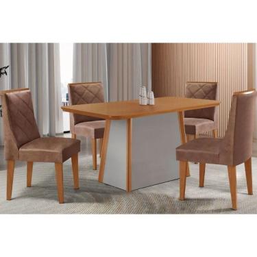 Imagem de Conjunto Mesa Tilia c/ Tampo Madeirado Canto Curvo 120x80cm e 4 Cadeiras Pietá Madeira Maciça Naturale/Off White - Capuccino/Corano Capuccino-Rufato