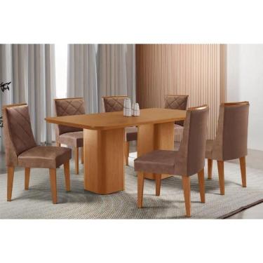 Imagem de Conjunto: Mesa Sala Jantar Maldivas Tampo Curvo 180cm+6 Cadeiras Pietá Madeira Naturale - Capuccino/Corano Capuccino - Rufato