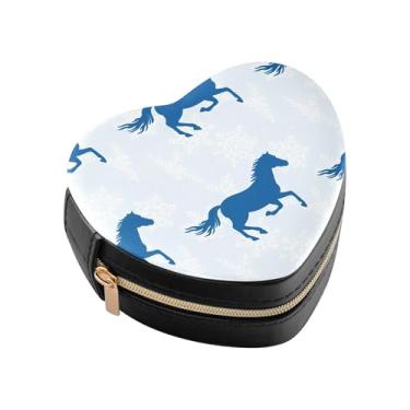 Imagem de Burbuja Caixa de joias em forma de coração Blue Horses Mini estojo de joias de viagem para mulheres e meninas, estojo portátil organizador de armazenamento para brincos, anéis, colares e pulseiras