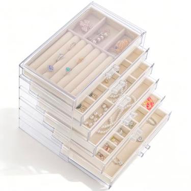 Imagem de Cinnvoice Organizador de joias de acrílico com 6 gavetas com bandejas de veludo, caixa de armazenamento transparente para colar, brinco, anel, pulseira, relógio de aniversário, presente para mulheres