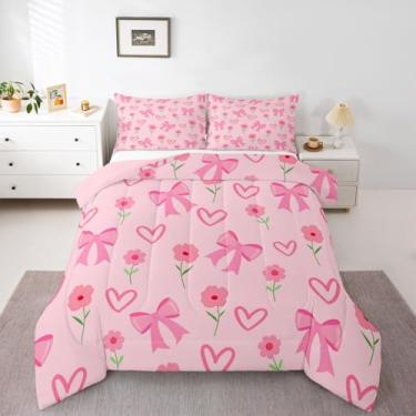 Imagem de Feelyou Jogo de cama casal com laço fofo, rosa, para crianças, meninos, meninas, estampa de coração, kawaii, decoração de quarto, microfibra, 3 peças com 2 fronhas