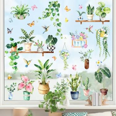 Imagem de Supzone Adesivos de janela estática de plantas verdes em vaso dupla face primavera verão folhas botânicas pássaros decalques de janela portas de vidro anticolisão adesivos de espelho para decoração de