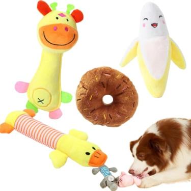 Imagem de Kit 4 Brinquedos de Pelúcia Mordedor com Barulho – Brinquedo Interativo para Cachorro e Gato Filhote(Amarelo)