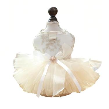 Imagem de Vestido de luxo para cães pequenos, meninas, vestido de tule champanhe para animais de estimação com laço bordado e anel em D, fantasia de princesa de gato, vestido de casamento para cães, roupa de