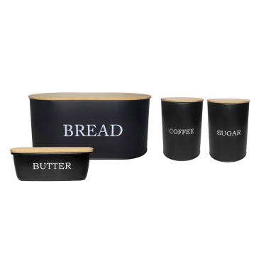 Imagem de Porta Pao Manteigueira Pote Cafe Açucar Aço Preto Bambu 4un