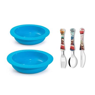 Imagem de Pratos e Talheres Infantil Bebe Silicone Azul Criança Kids Carros