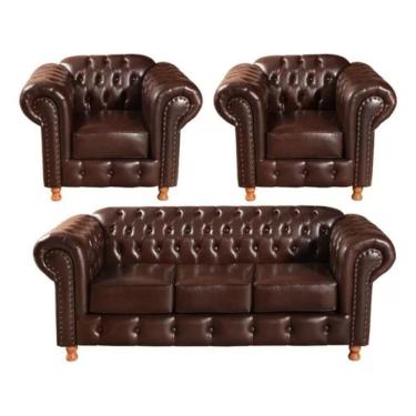 Imagem de Conjunto Sofá 3 Lugares E 2 Poltrona Chesterfield Luís Xv Vintage Retrô Capitonê Couro Marrom