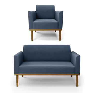 Imagem de Sofá Namoradeira Com Poltrona Base De Madeira Fixa Castanho Marisa Suede Azul Marinho D03 - D?rossi