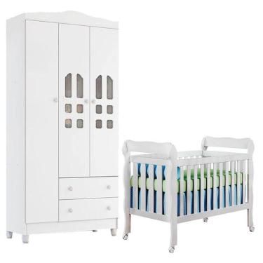Imagem de Berço Americano Lila E Guarda Roupa Infantil New Selena 3 Portas Branco Brilho - Carolina Móveis