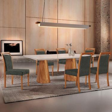Imagem de Mesa Noronha 180cm Tampo Com Vidro Laqueado Com 6 Cadeiras Jade Off White Imbuia Natural