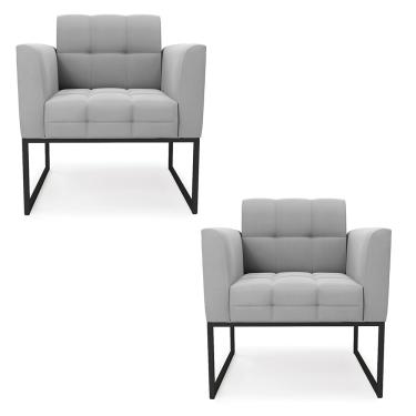 Imagem de Kit 2 Poltronas Elisa Suede Cinza Base Metálica Industrial Preto D03 - D'Rossi