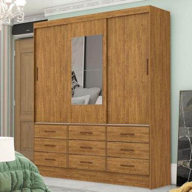 Imagem de Guarda-Roupa Solteiro Orrizonte 3 Portas 9 Gavetas com Espelho Cinamomo - Pnr Móveis