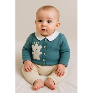 Imagem de Conjunto Casaco Salopete Bebê Verde Urso Príncipe tricô artesanal