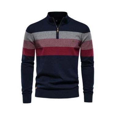 Imagem de Suéter Masculino De Algodão Com Zíper E Gola Alta Em Patchwork, Quente