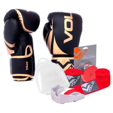 Imagem de Kit Boxe Muay Thai Luva 14Oz Dourado + Protetor Bucal + Bandagem Verme