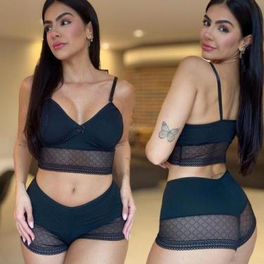 Imagem de Kit 2 Conjuntos Lingerie Canelado Confotavél Delicado Sem Bojo Shorts 