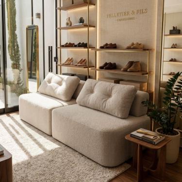 Imagem de Sofá Modular Cielo 240cm Recepção Loja Sala de Estar Bouclê Bege - Montanari`s Decor