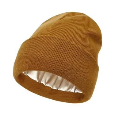 Imagem de Gorro Feminino De Inverno Antiestático Forrado Em Cetim, Touca De Malh