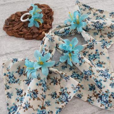 Imagem de Kit 08 Guardanapos de Tecido Floral Tiffany Cru e 08 Anéis PG Lírio Ve