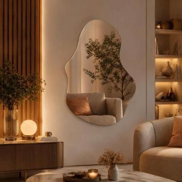 Imagem de Espelho Grande Decorativo 90 X 60 Lapidado Orgânico Luxo com Suporte -