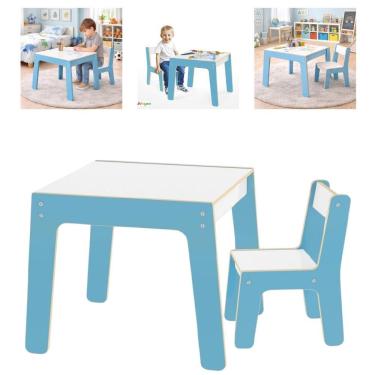 Imagem de Conjunto Mesa e Cadeira Infantil Yeet com Estrutura Reforçada e Pintura Atóxica Azul MDF Mesa + Cadeira