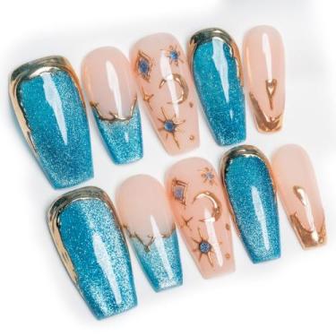 Imagem de Unhas Postiças Sun&Beam Nails Rosa, Azul e Dourado  10 Peças