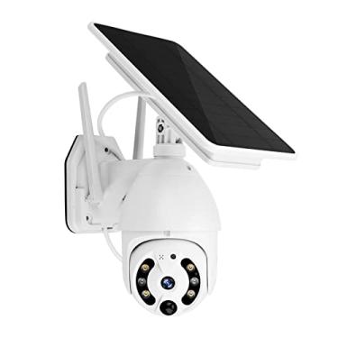 Imagem de Câmera de segurança Câmera de segurança de painel solar sem fio, câmera externa 1080P WiFi 360 ° PTZ Câmera de vigilância com suporte para visão noturna, detecção de movimento PIR, ac