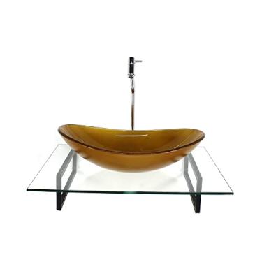 Imagem de KIT CUBA DE VIDRO OVAL DOURADO REAL COM TAMPO 60CM INCOLOR E SUPORTE PRETO