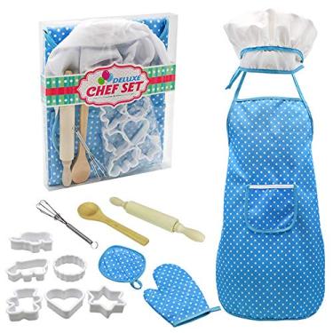 Imagem de Tingpai Crianças Cozinhando e Assando Conjunto 13 PCS com Chapéu de Chef Avental Forno Mitt Utensílios de Cozinha Crianças Chef Papel Playset Presente Educacional pa Meninos (Azul)