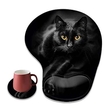 Imagem de Mouse pad de suporte de pulso confortável gato preto, adequado para casa e escritório, com porta-copos redondo antiderrapante para trabalho ou casa