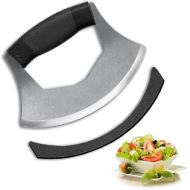 Imagem de Faca Mezzaluna Cortador de Salada, Lâmina de Aço Inoxidável com Capa Protetora - Cabo Antiderrapante Ergonômico Faca Picadora de Vegetais para Pizza, Queijo, Cebola, Cenoura, Pimenta, Alho, Legumes
