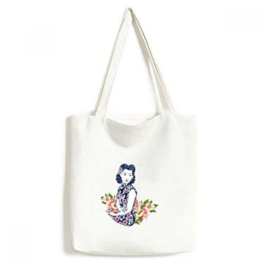 Imagem de Bolsa feminina de lona com flor azul da cultura chinesa bolsa de compras casual