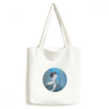 Imagem de Blue Beauty — Bolsa de lona com pintura chinesa de fio branco bolsa de compras casual